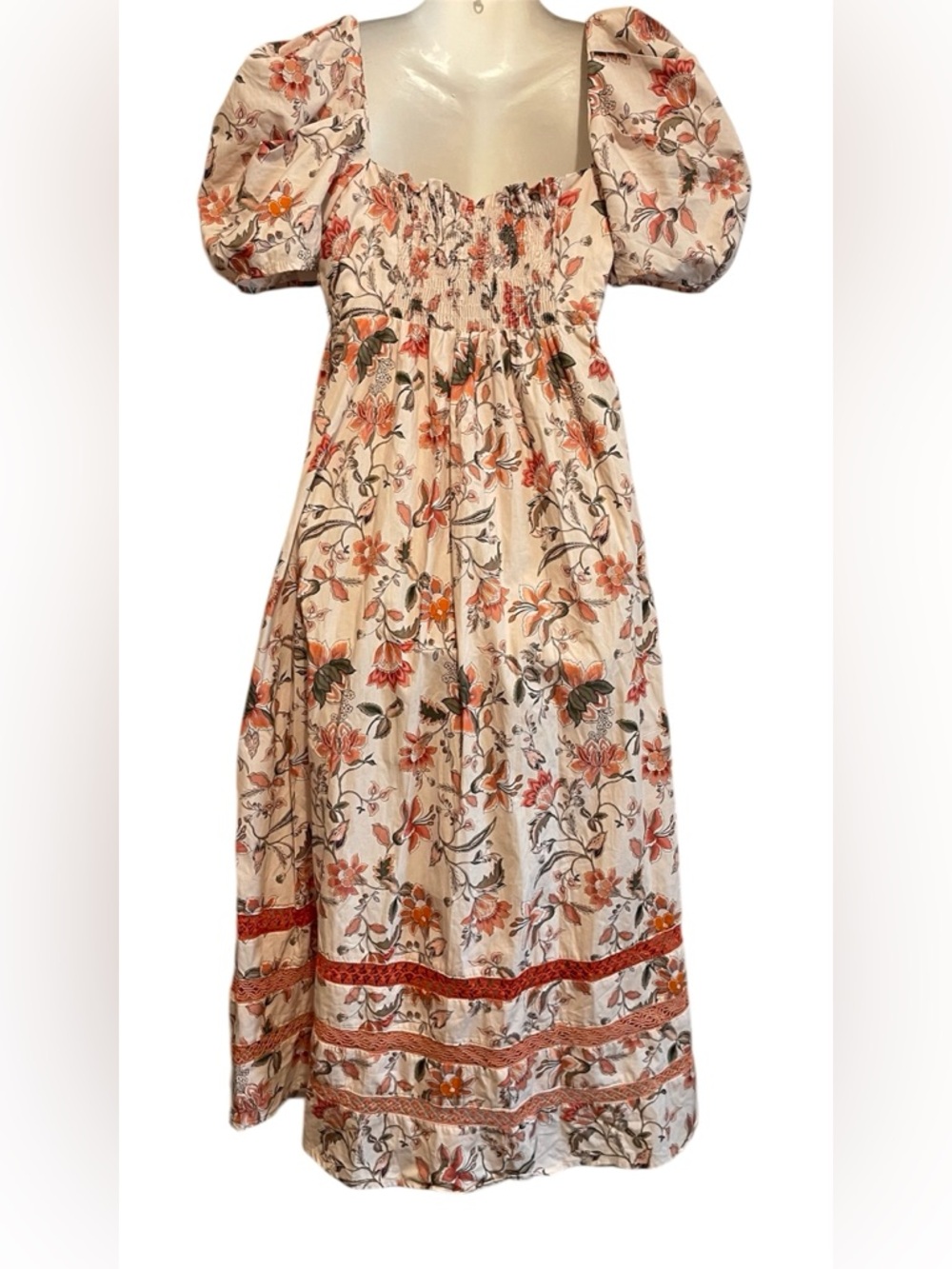 Mi Golondrina Blush Pink Floral Puff-Sleeve Midi Dress Elena crema coral SZ M - Picture 4 of 9